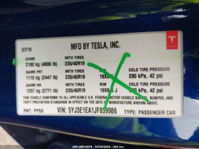 5YJ3E1EA1JF059986 Tesla Model 3 Long Range/mid Range