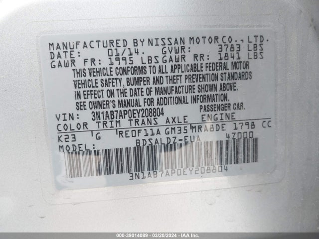 Nissan SENTRA SV 2014 3N1AB7AP0EY208804 Image 9