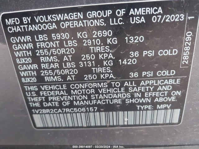 1V2BR2CA7RC506157 Volkswagen Atlas 2.0t Sel