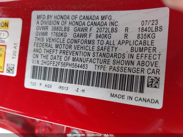 Honda Civic Sport 2023 2HGFE2F56PH564463 Image 9