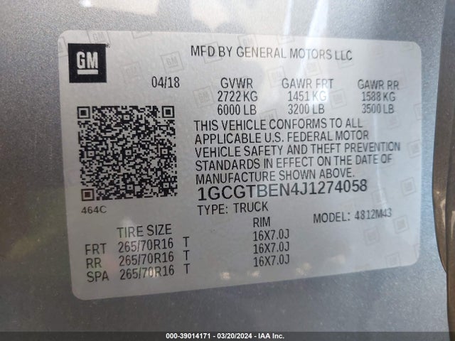 Chevrolet Colorado Wt 2018 1GCGTBEN4J1274058 Image 9
