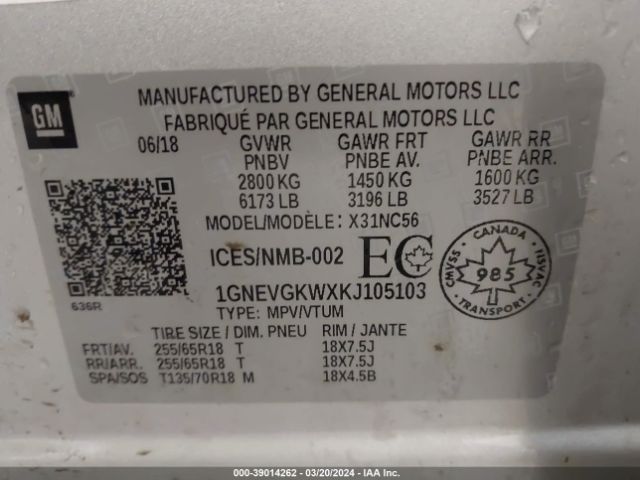 1GNEVGKWXKJ105103 Chevrolet Traverse 1lt