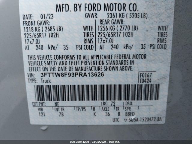 3FTTW8F93PRA13626 Ford Maverick Xlt