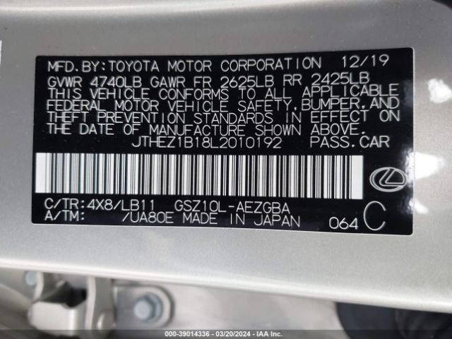 JTHEZ1B18L2010192 Lexus Es 350 Luxury