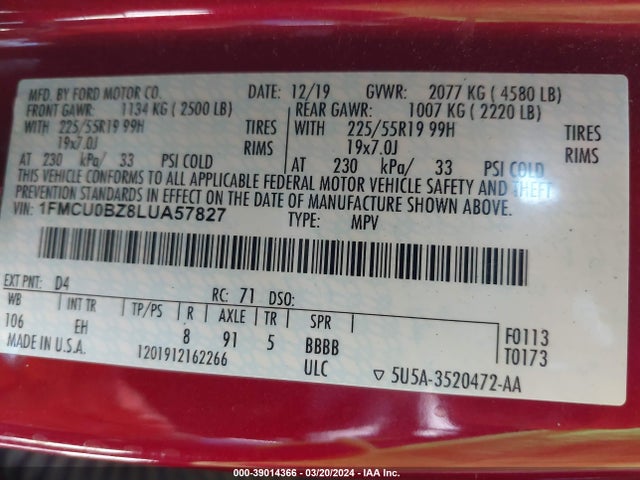 1FMCU0BZ8LUA57827 Ford Escape Se Sport Hybrid