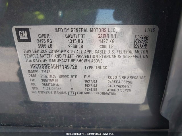 Chevrolet Colorado Wt 2017 1GCGSBEA5H1149726 Image 9
