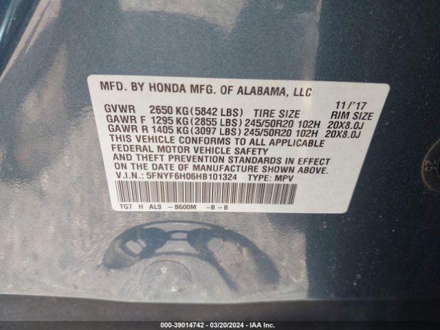 5FNYF6H06HB101324 Honda Pilot Elite