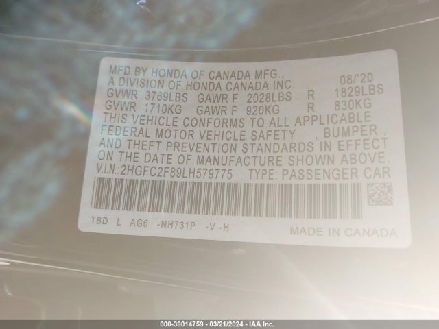 Honda Civic Sport 2020 2HGFC2F89LH579775 Image 9