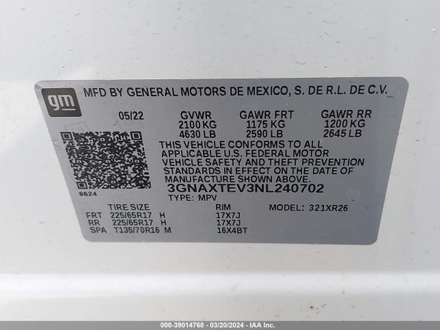 39014768 :رقم المزاد ، 3GNAXTEV3NL240702 vin ، 2022 Chevrolet Equinox Awd 2fl مزاد بيع