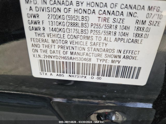 Auction sale of the 2010 Acura Mdx, vin: 2HNYD2H69AH530468, lot number: 39014826