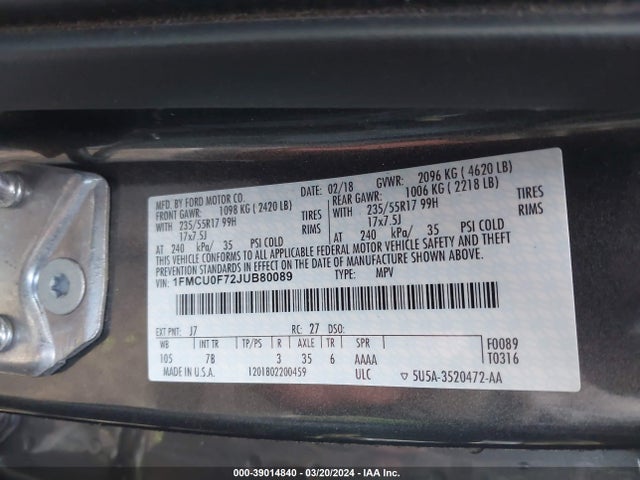Ford ESCAPE S 2018 1FMCU0F72JUB80089 Image 9