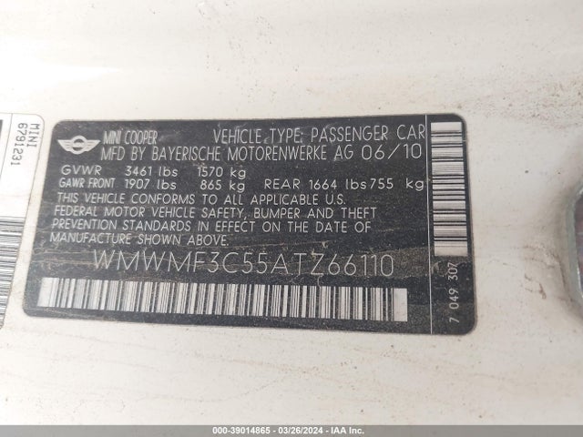 2010 MINI COOPER WMWMF3C55ATZ66110 Photo 8