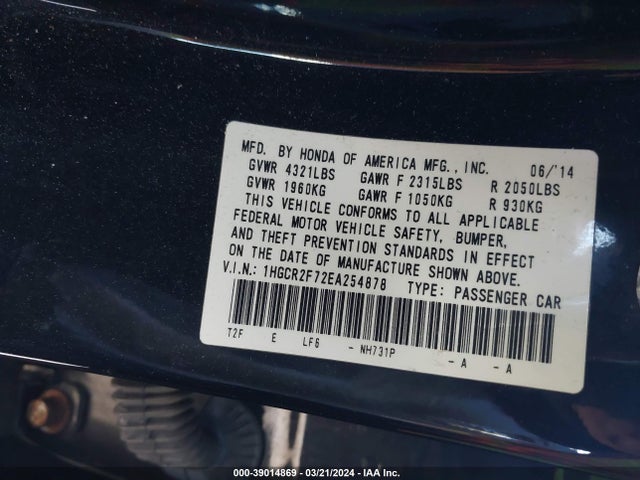 Honda ACCORD EX 2014 1HGCR2F72EA254878 Image 9
