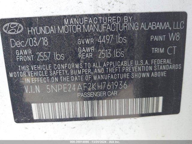 Hyundai SONATA SE 2019 5NPE24AF2KH761936 Image 9