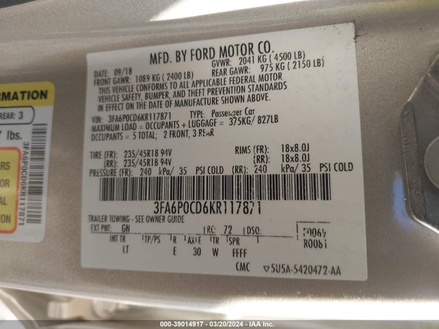 Ford FUSION SEL 2019 3FA6P0CD6KR117871 Image 9
