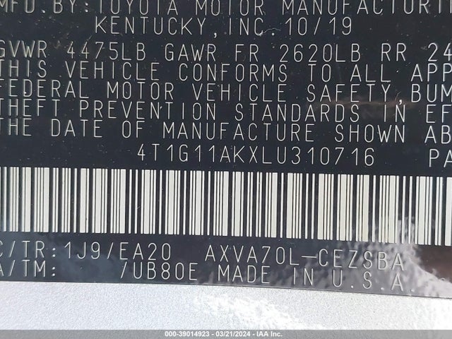 Toyota CAMRY SE 2020 4T1G11AKXLU310716 Image 9
