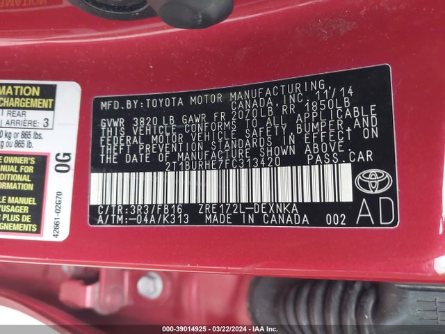Toyota COROLLA LE 2015 2T1BURHE7FC313420 Image 9