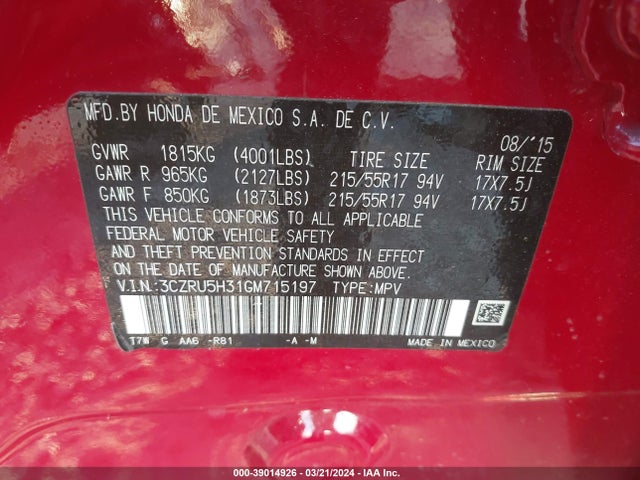 Honda HR-V LX 2016 3CZRU5H31GM715197 Image 9