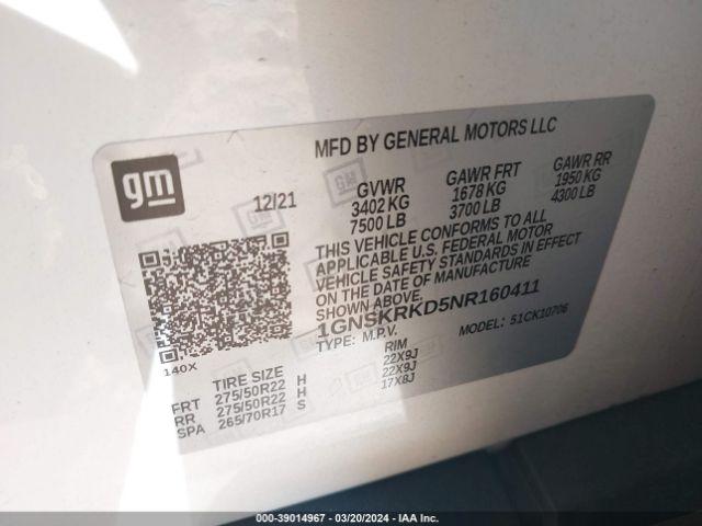 1GNSKRKD5NR160411 Chevrolet Tahoe 4wd Rst