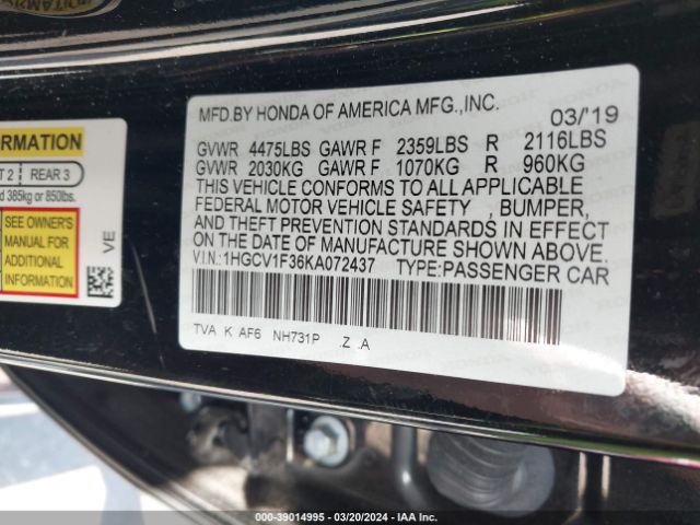 1HGCV1F36KA072437 Honda Accord Sport