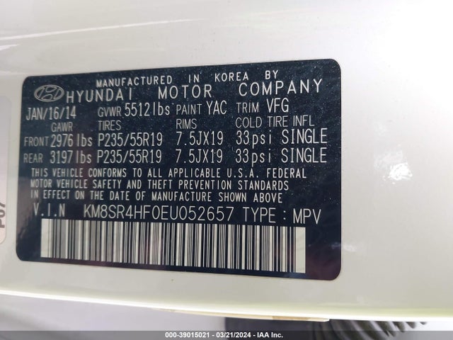Hyundai Santa Fe Limited 2014 KM8SR4HF0EU052657 Image 9