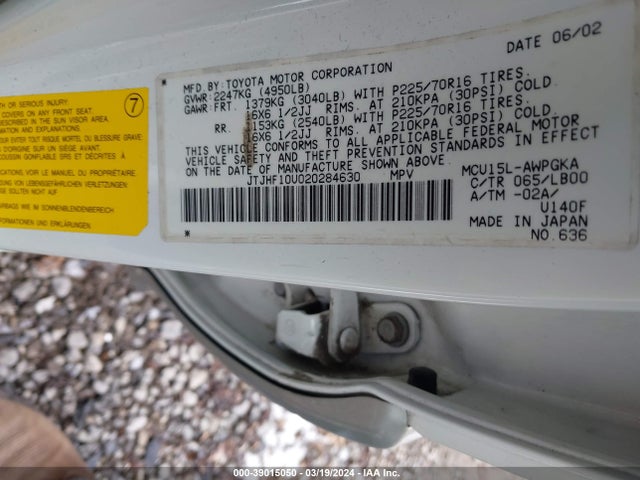 39015050 :رقم المزاد ، JTJHF10U020284630 vin ، 2002 Lexus Rx 300 مزاد بيع