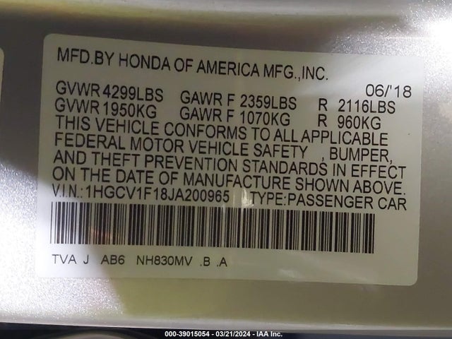 Honda ACCORD LX 2018 1HGCV1F18JA200965 Image 9