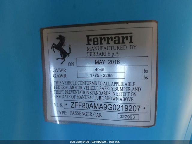 ZFF80AMA9G0219207 Ferrari 488 SPIDER