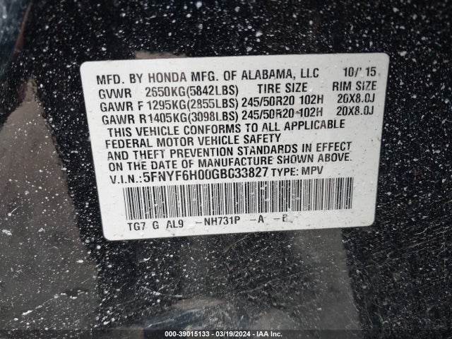 Honda Pilot Elite 2016 5FNYF6H00GB033827 Image 9