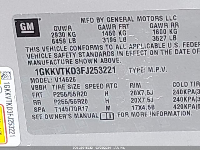 1GKKVTKD3FJ253221 GMC Acadia Denali