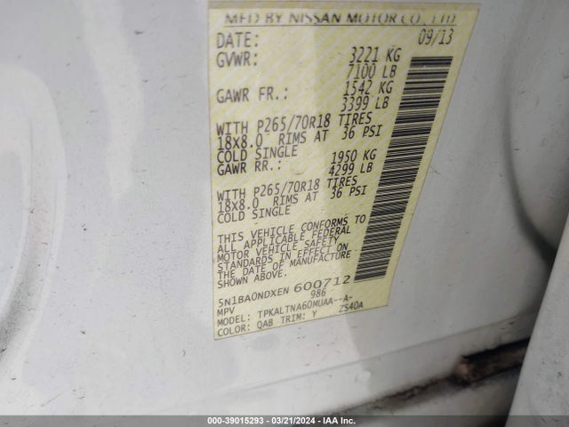 Nissan ARMADA SV 2014 5N1BA0NDXEN600712 Image 9