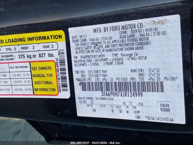 3FA6P0H7XJR124999 Ford FUSION SE