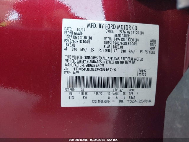Ford EXPLORER XLT 2015 1FM5K8D82FGB16715 Image 9