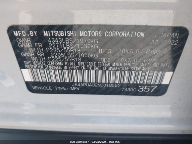 JA4APUAU2NU018552 Mitsubishi Outlander Sport 2.0 Be 2wd/2.0 Es 2wd/2.0 Le 2wd/2.0 S 2wd