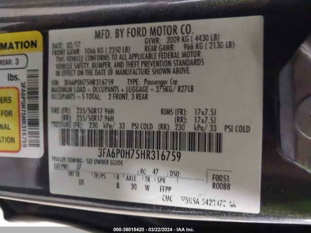 Ford FUSION SE 2017 3FA6P0H75HR316759 Image 9