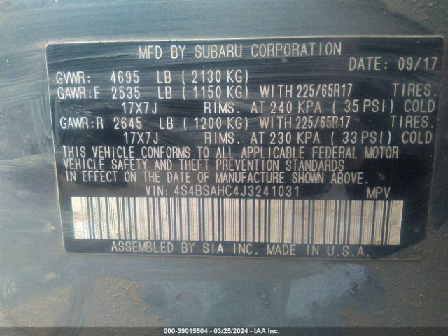 4S4BSAHC4J3241031 Subaru Outback 2.5i Premium
