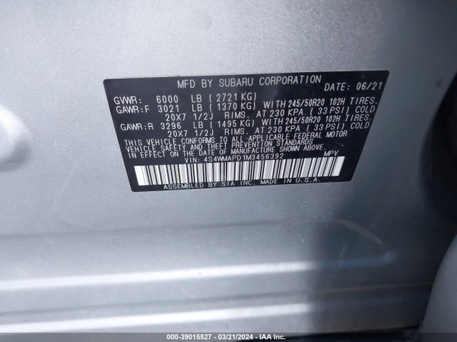Subaru Ascent Limited 2021 4S4WMAPD1M3456392 Image 9