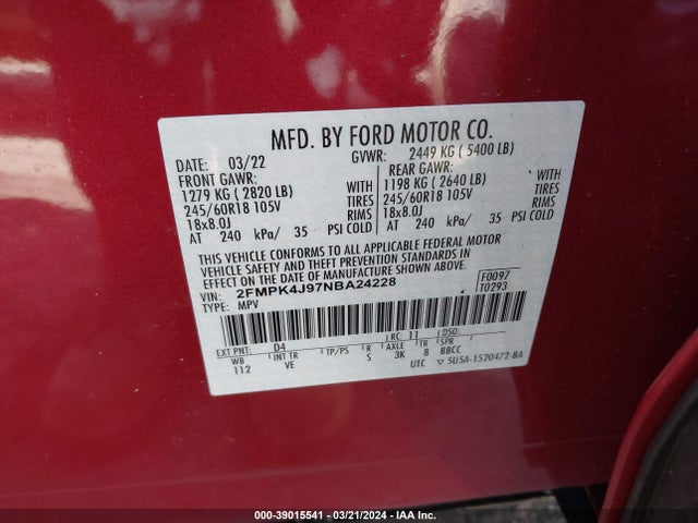Ford EDGE SEL 2022 2FMPK4J97NBA24228 Image 9