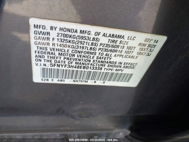 Honda Pilot Ex 2014 5FNYF3H48EB013338 Image 9