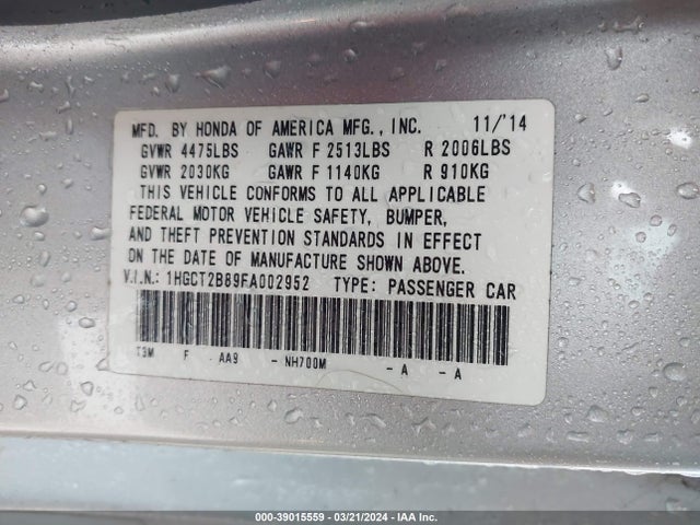 Honda Accord Ex-l V-6 2015 1HGCT2B89FA002952 Image 9