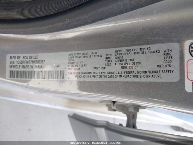 RAM 1500 Big Horn  4x4 6'4 Box 2022 1C6SRFMT7NN305387 Image 9