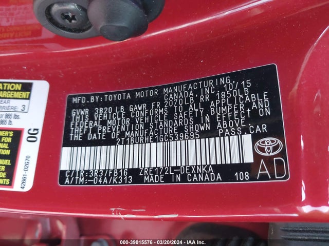 Toyota COROLLA LE 2016 2T1BURHE1GC539695 Image 9