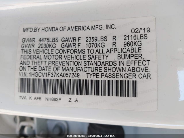 Honda Accord Sport 2019 1HGCV1F37KA057249 Image 9