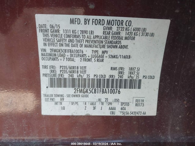 Ford FLEX SEL 2015 2FMGK5C81FBA10076 Image 9