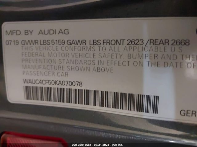 WAUC4CF50KA070078 Audi S5 3.0t Premium
