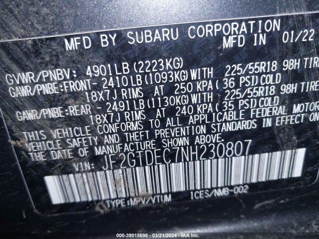 Subaru CROSSTREK HYBRID 2022 JF2GTDEC7NH230807 Image 9