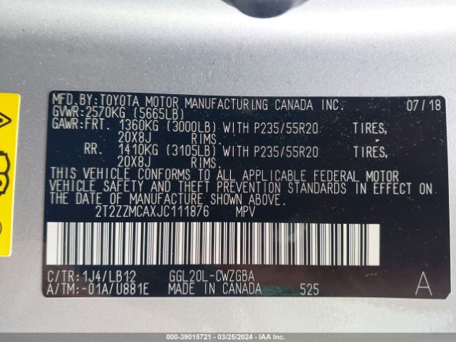 2T2ZZMCAXJC111876 Lexus RX 350