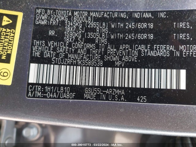 Toyota Highlander Xle 2019 5TDJZRFH1KS589538 Image 9