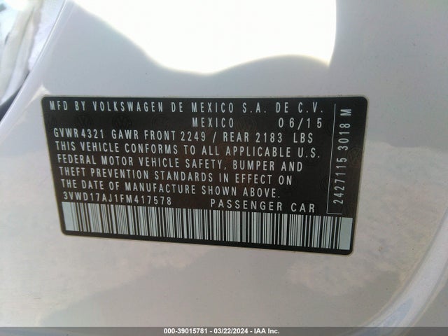 3VWD17AJ1FM417578 Volkswagen Jetta 1.8t Se