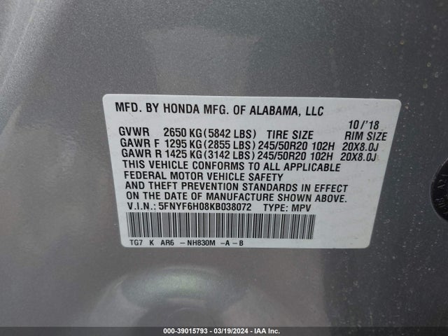 Honda Pilot Elite 2019 5FNYF6H08KB038072 Image 9